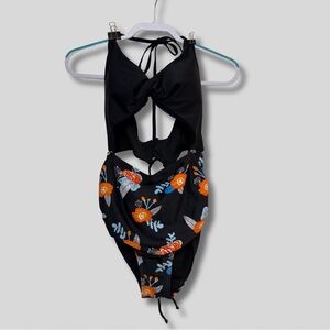 Black, Orange & Blue Floral Cutout Swimsuit